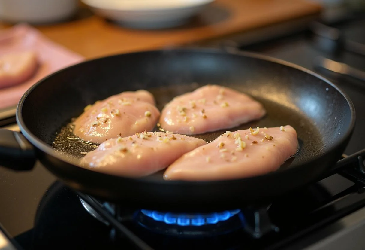Frigideira aquecendo com óleo para fritar bifes de frango na receita de bifes de frango.