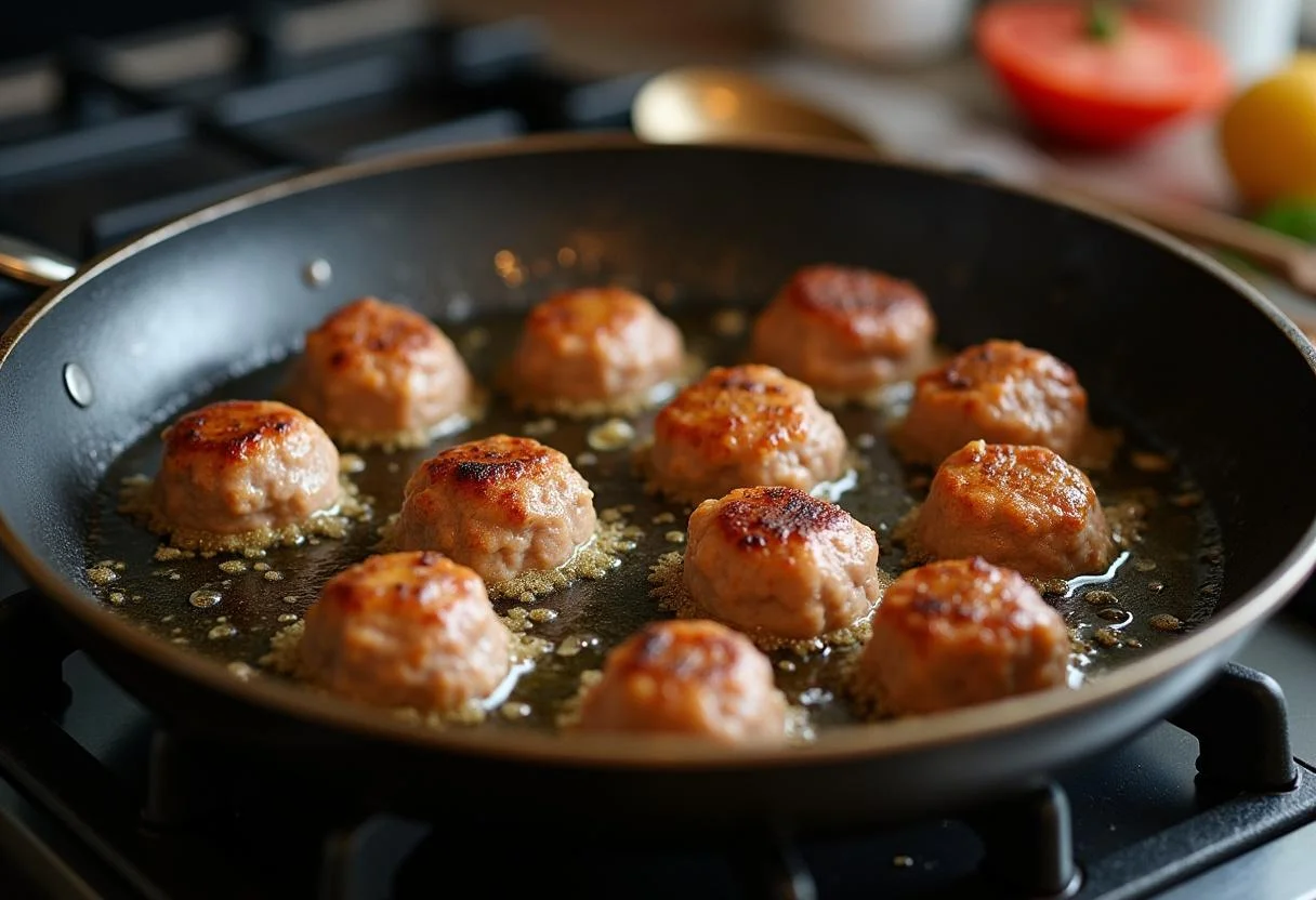 Bolas de carne sendo fritas para a receita de bola de carne à moda antiga.