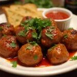 Bolas de carne bimby fáceis prontas para servir, decoradas com salsa e acompanhadas de molho de tomate.
