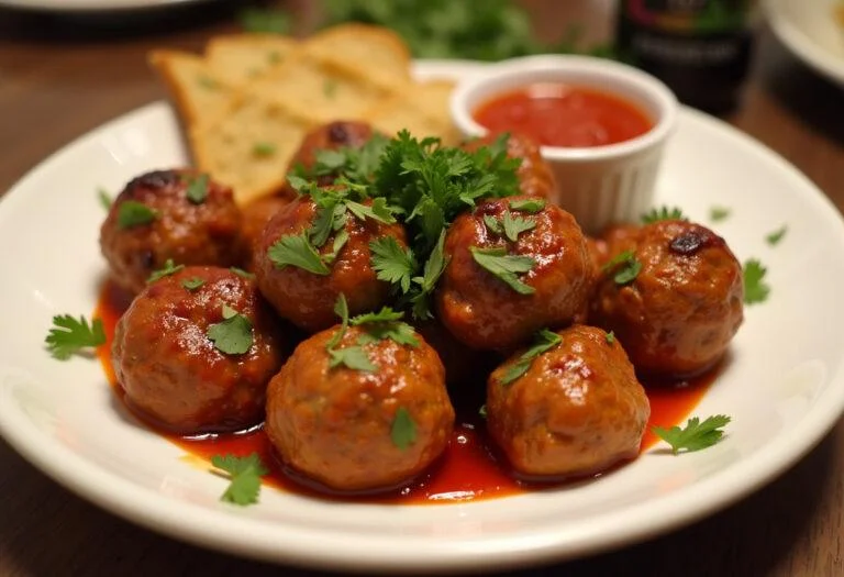 Bolas de carne bimby fáceis prontas para servir, decoradas com salsa e acompanhadas de molho de tomate.