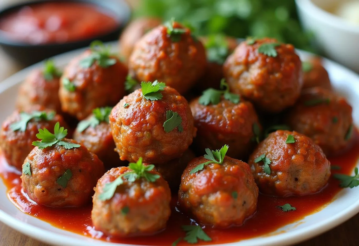 Bolas de carne bimby fáceis prontas para servir, decoradas com salsa e acompanhadas de molho de tomate.