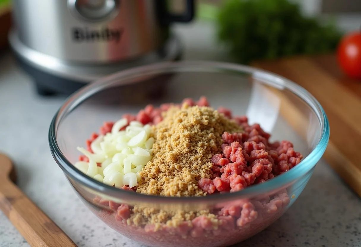 Ingredientes para bola de carne bimby, incluindo carne moída e cebolas, misturados em uma tigela.