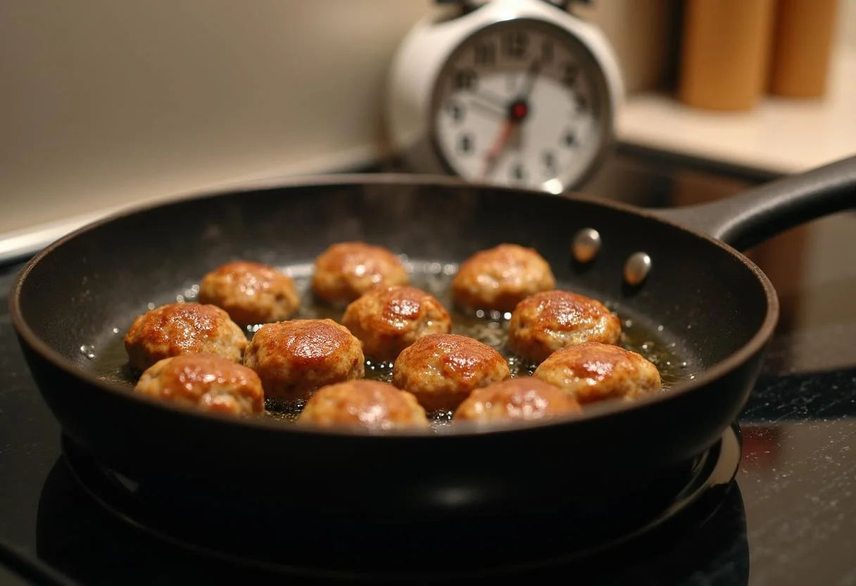 Bolas de carne fritando em uma panela, preparando-se para a receita de bola de carne bimby fácil.