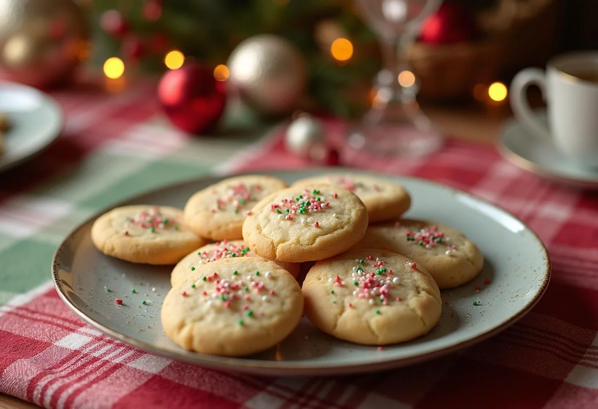 Bolachas de manteiga caseiras decoradas com açúcar, prontas para serem servidas.