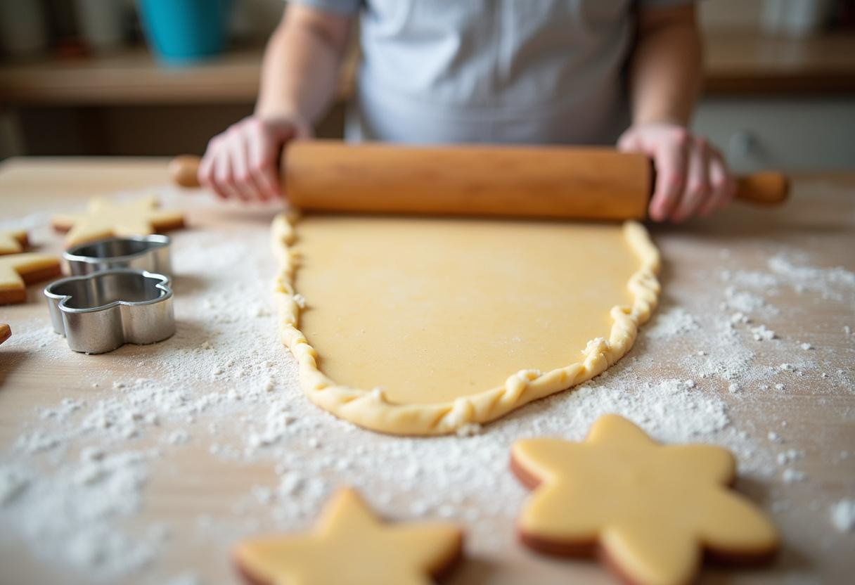 Abrindo a massa com um rolo para fazer bolachas de manteiga caseiras.
