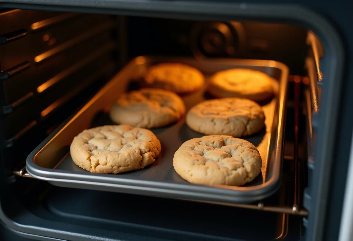Bolachas de manteiga caseiras sendo retiradas do forno, douradas e apetitosas.