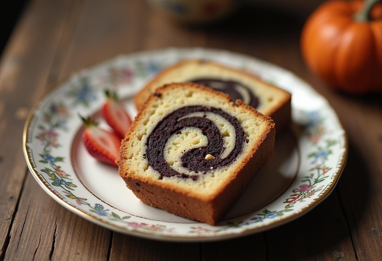 Bolo mármore pronto, exibindo camadas em espiral, perfeito para servir em qualquer ocasião.