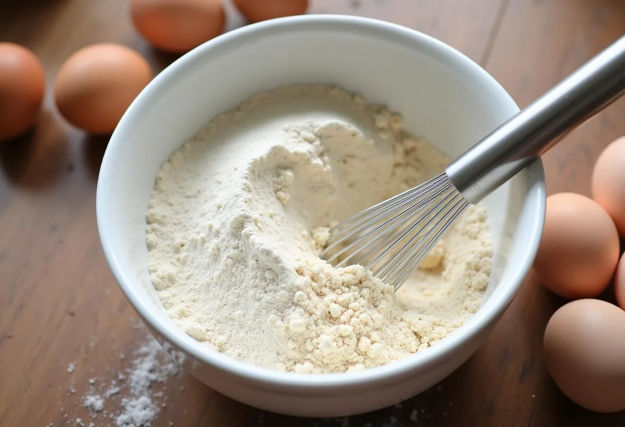 Mistura de farinha, açúcar e fermento na preparação do bolo mármore fácil.