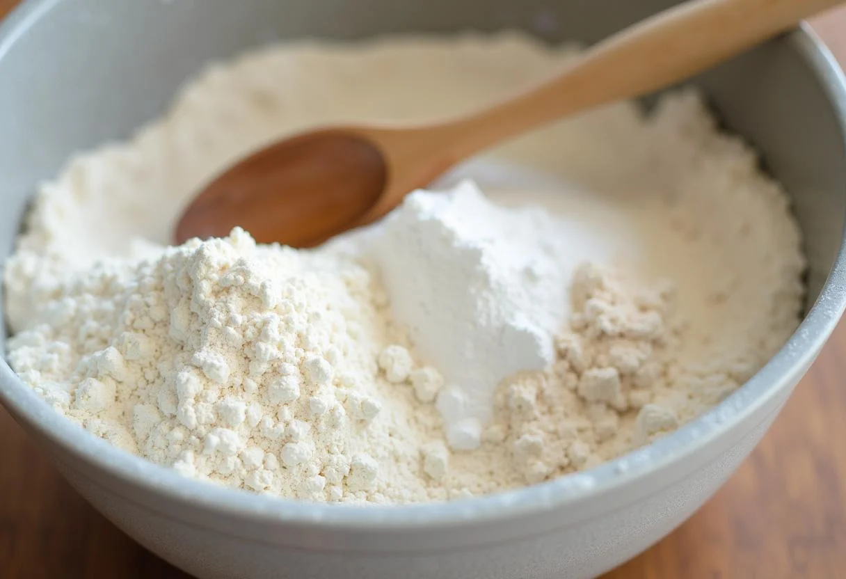 Ingredientes para fazer bolo podre, incluindo farinha e açĂșcar numa tigela.