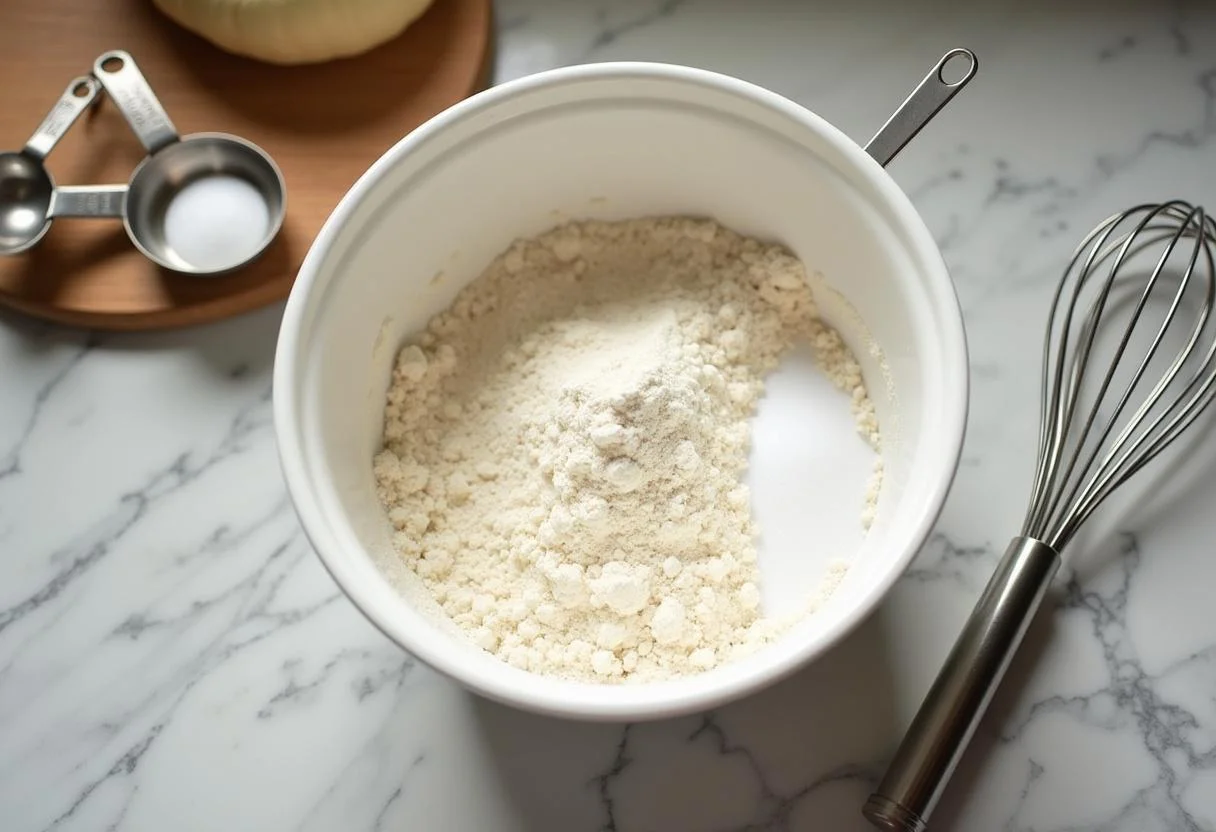 Preparando a mistura de farinha, fermento e açúcar para bolo rainha.