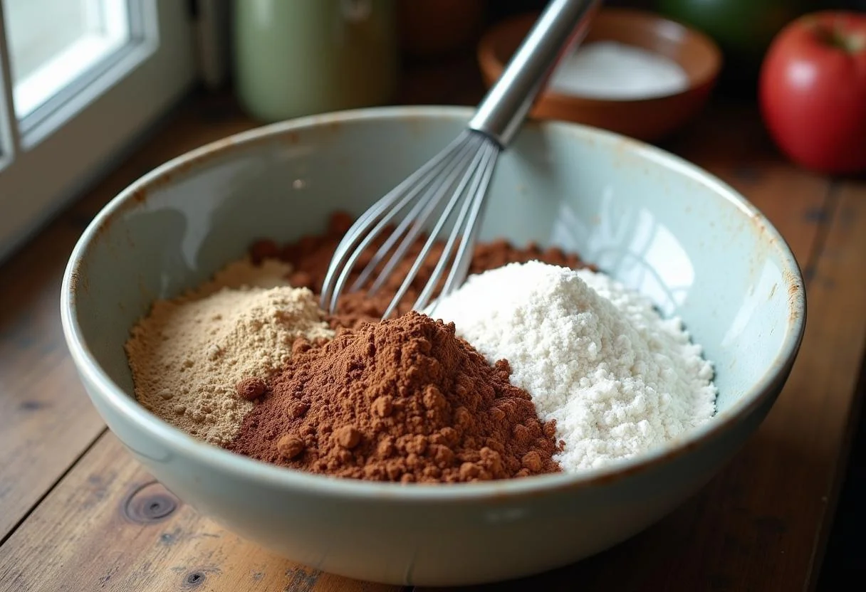 Ingredients for Bolo Rei de Chocolate in a mixing bowl, ready to be combined.