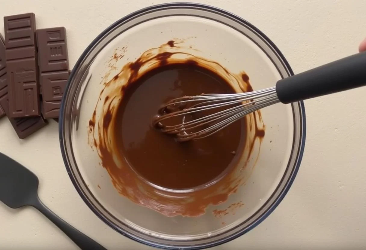 Melted chocolate and butter mixture prepared for Bolo Rei de Chocolate.