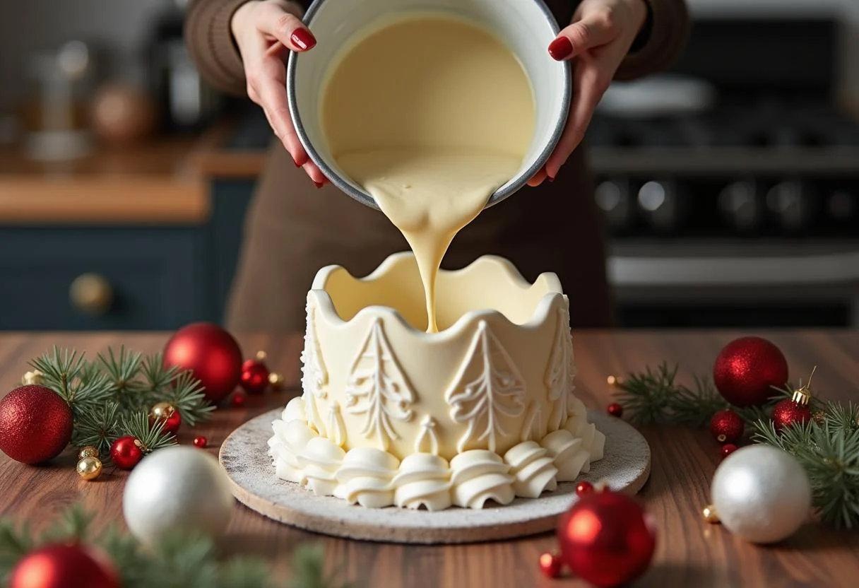 Batter being poured into a mold for making Bolo Rei de Chocolate.
