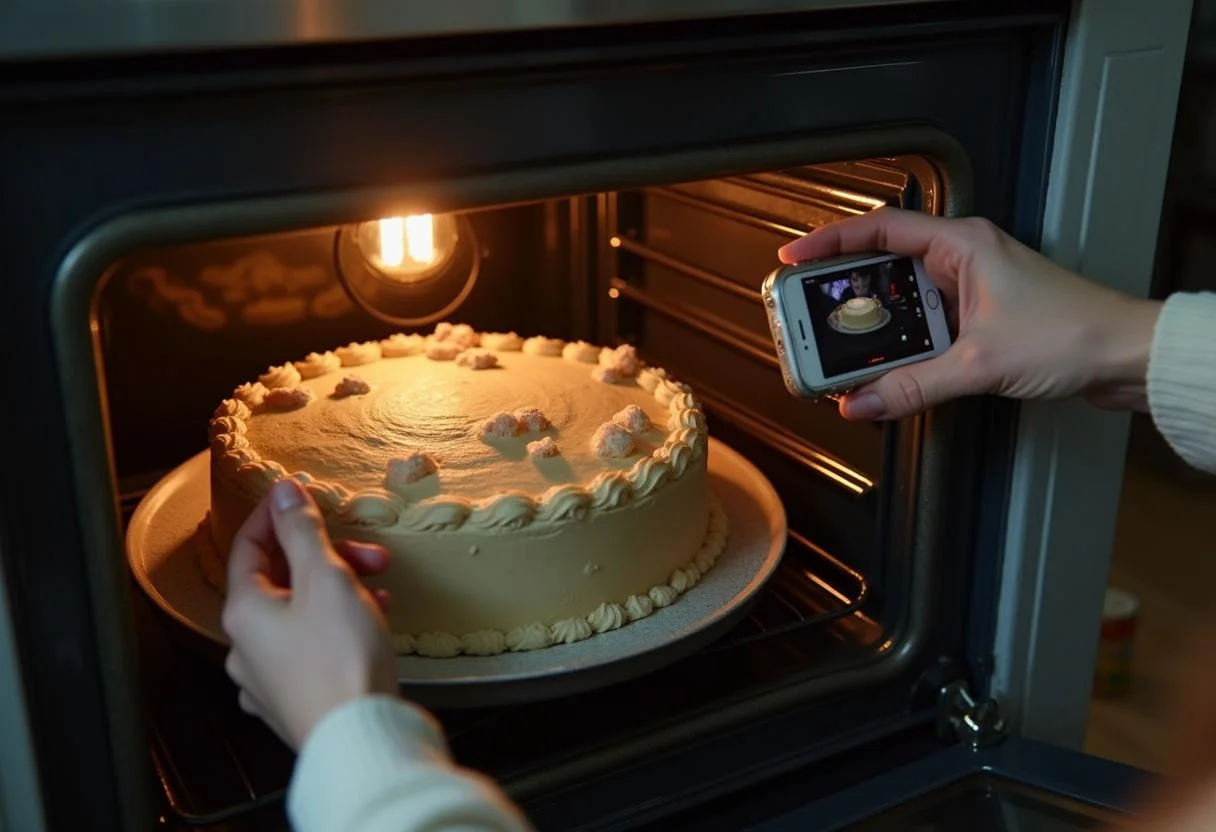 Cake mold with Bolo Rei de Chocolate batter being placed in the oven for baking.