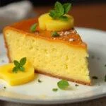 Porção de bolo de ananás tradicional, decorada com abacaxi fresco, perfeita para servir.