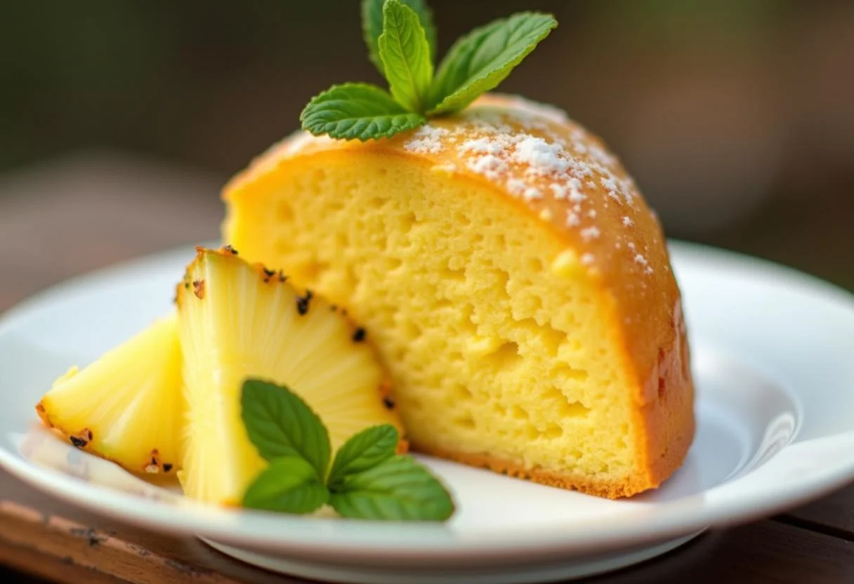 Porção de bolo de ananás tradicional, decorada com abacaxi fresco, perfeita para servir.