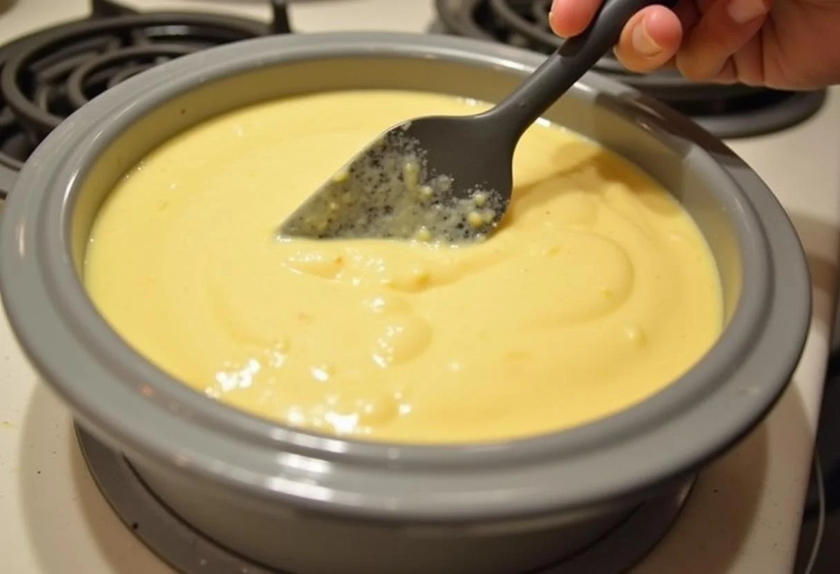 Massa do bolo de ananás sendo despejada na forma untada para o bolo de ananás da avó.