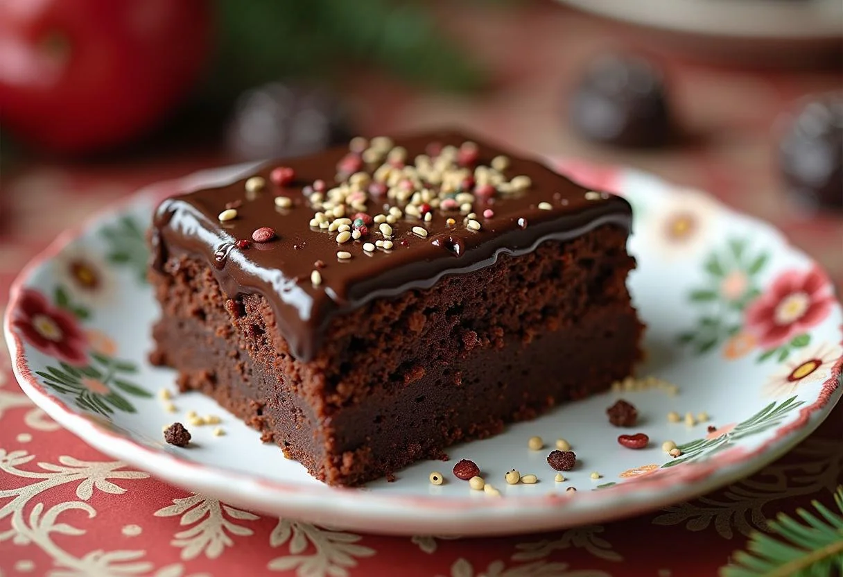 Bolo de brigadeiro humido finalizado, decorado com ganache de chocolate e granulado, perfeito para servir.