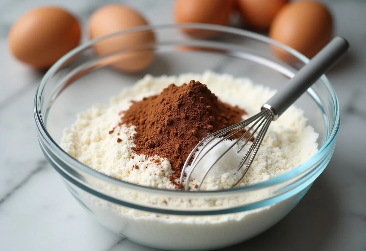 Ingredientes secos para fazer bolo de brigadeiro humido, incluindo farinha e cacau.