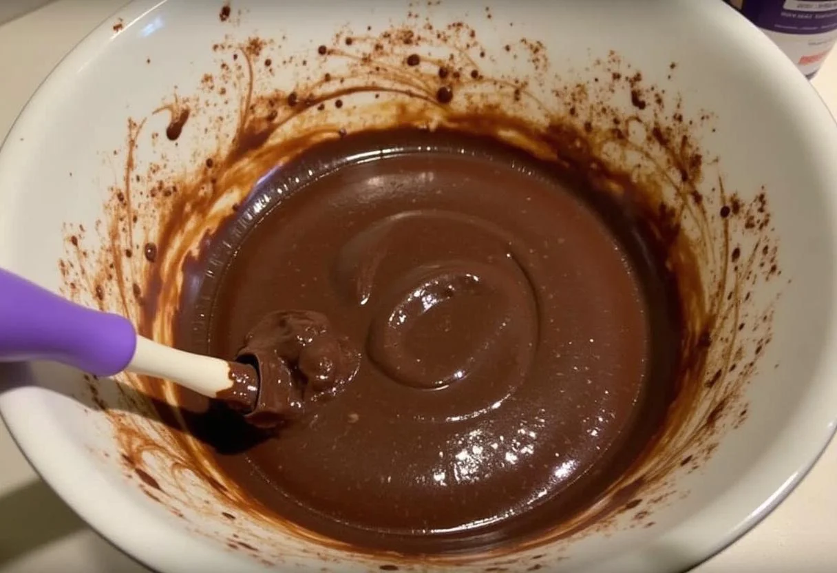 Massa de bolo de brigadeiro humido sendo misturada, com leite ao lado.
