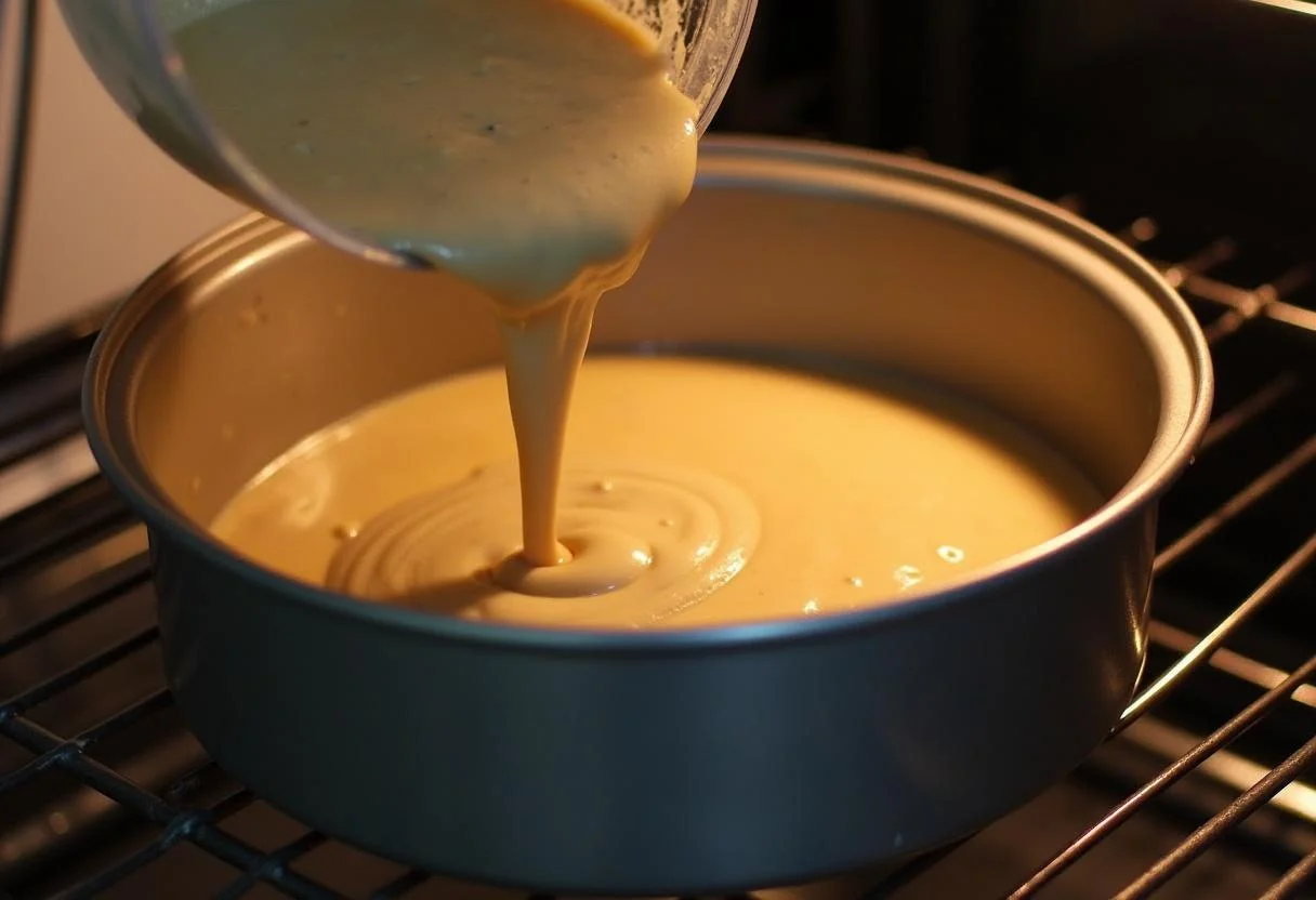 Massa de bolo de brigadeiro humido sendo despejada em uma forma para assar.