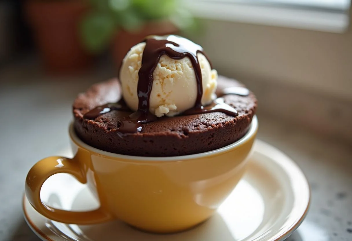 Bolo de caneca de chocolate finalizado, com sorvete e calda de chocolate, perfeito para servir.