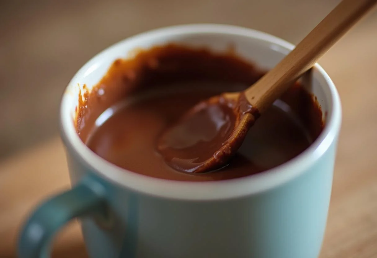 Massa de bolo de caneca de chocolate sendo misturada com uma colher de pau.