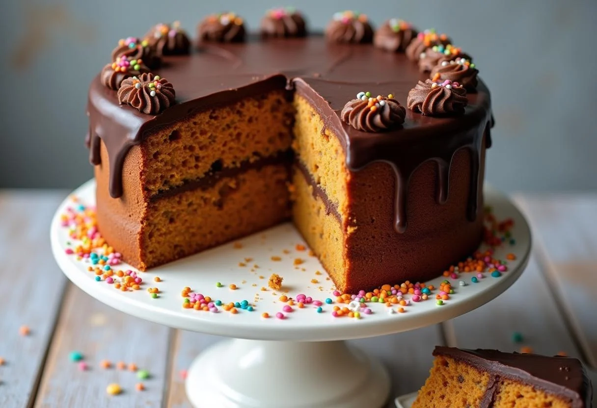 Bolo de cenoura humido e fofo decorado com cobertura de chocolate, perfeito para servir.