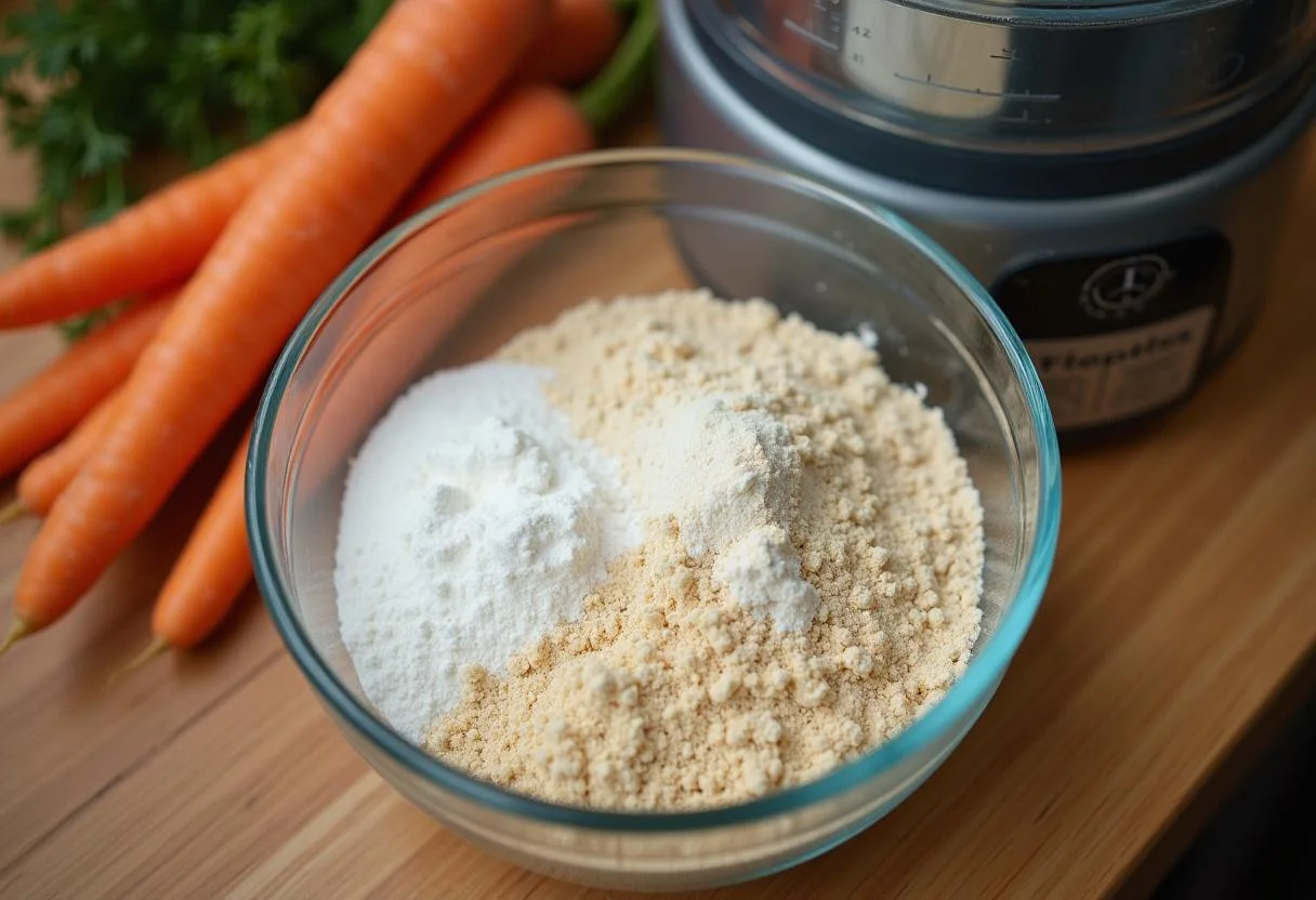 Ingredientes para receita de bolo de cenoura humido e fofo incluindo farinha e cenouras frescas.