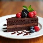 Fatia de bolo de chocolate bimby molhadinho decorada com calda de chocolate e frutas, pronta para ser apreciada.