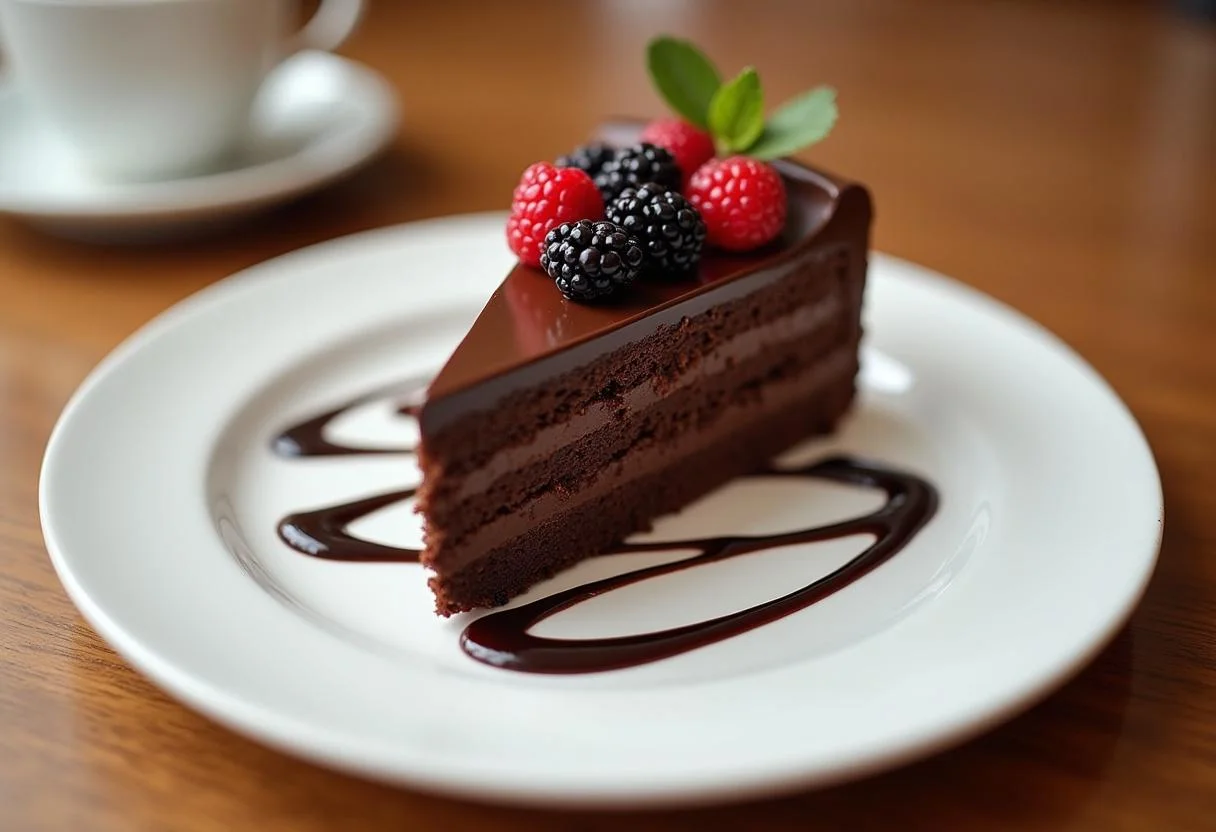 Fatia de bolo de chocolate bimby molhadinho decorada com calda de chocolate e frutas, pronta para ser apreciada.