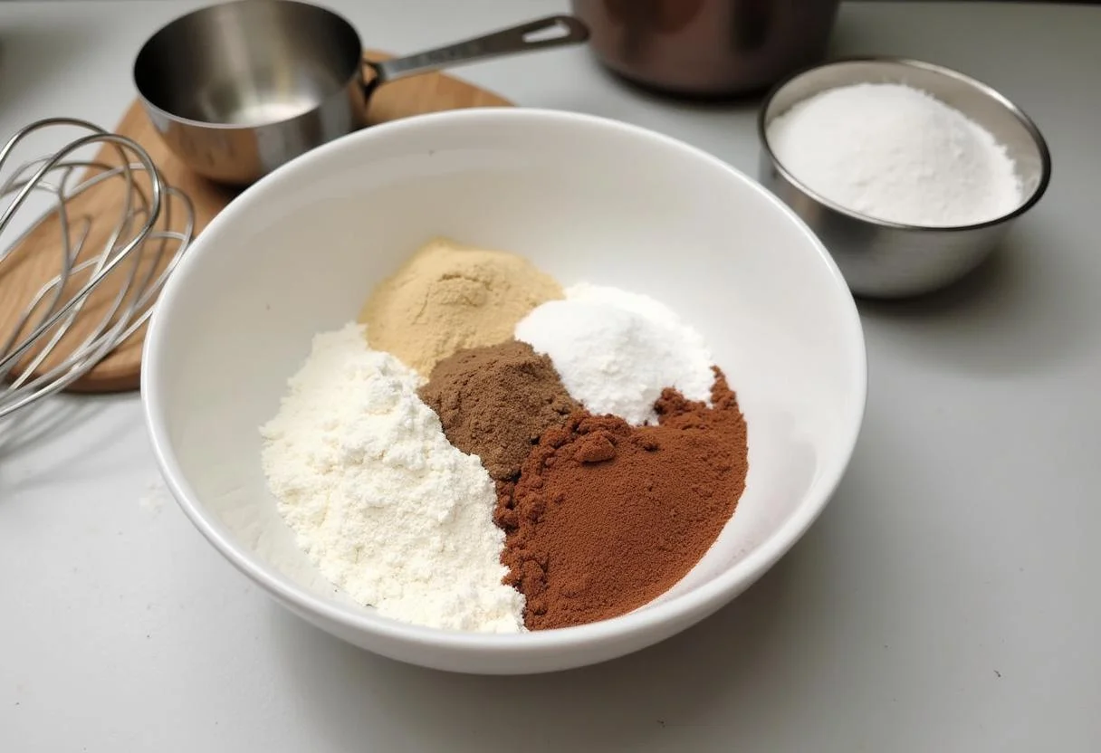 Ingredientes secos para fazer bolo de chocolate bimby, incluindo farinha e cacau em pó.