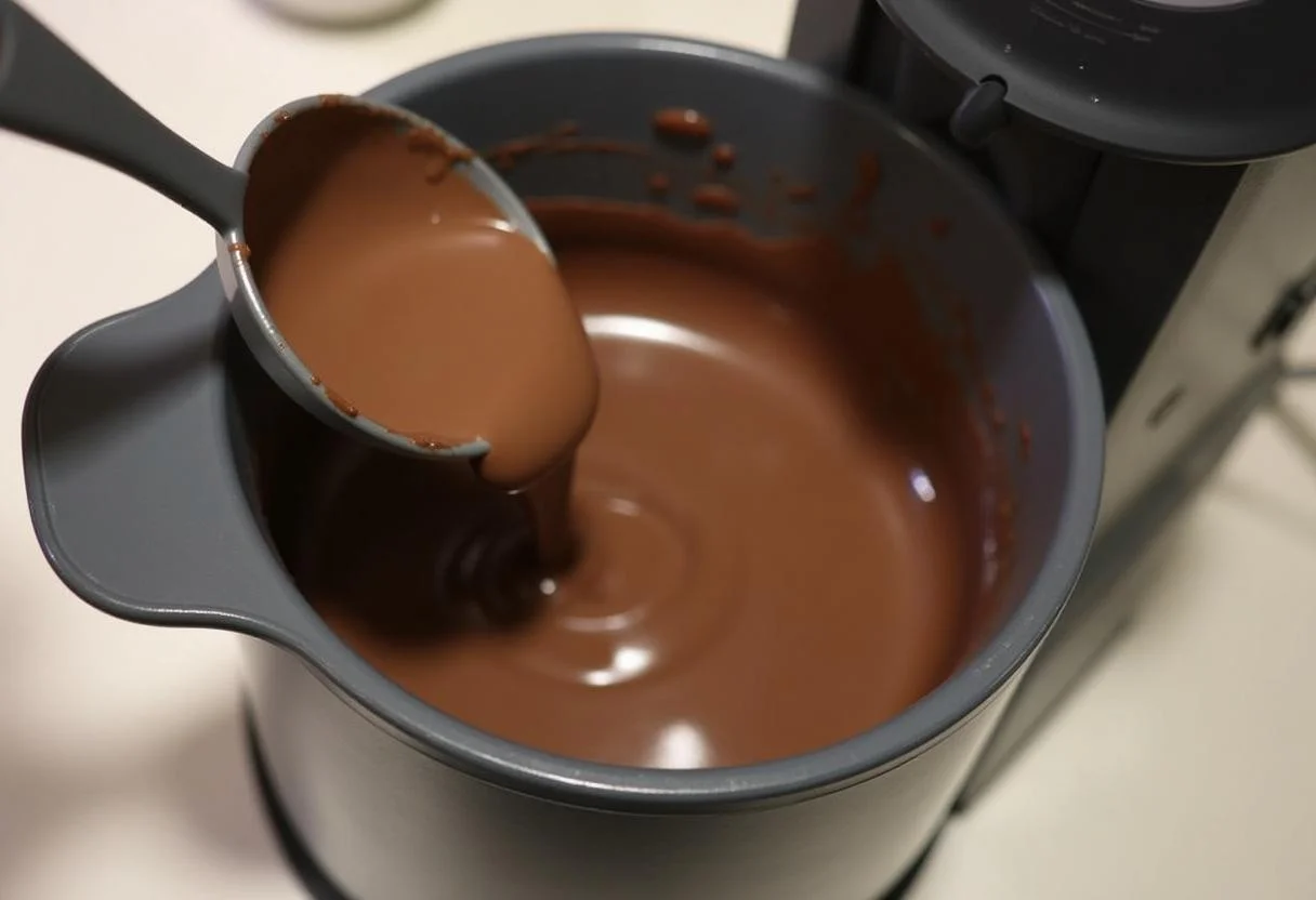 Chocolate derretido sendo adicionado ao bolo de chocolate bimby na máquina Bimby.