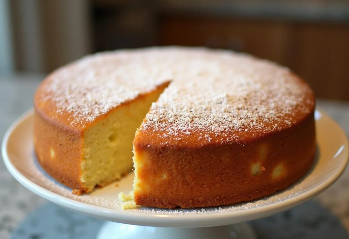 Bolo de claras leve finalizado, fofinho e dourado, perfeito para servir.