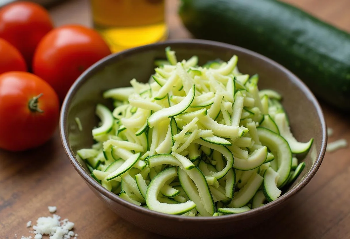 Grated green zucchini in a bowl for preparing bolo de courgette.