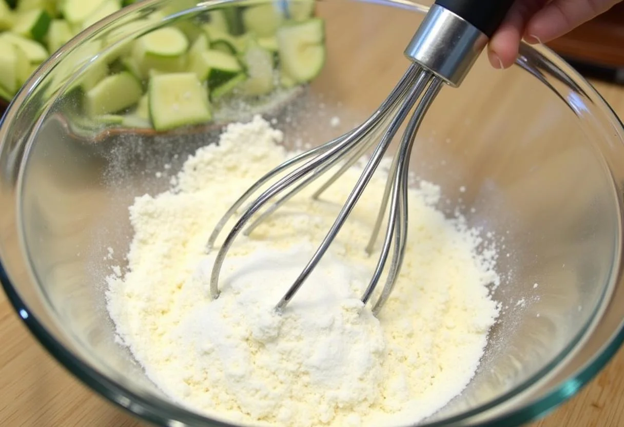 Mixing flour and sugar for bolo de courgette preparation.