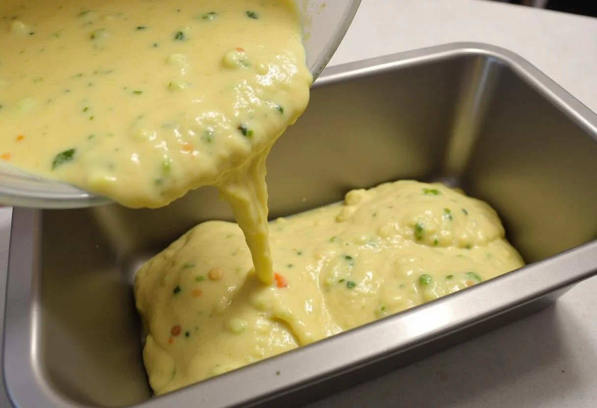 Batter for bolo de courgette being poured into a loaf pan for baking.