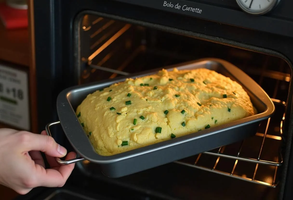 Loaf pan of bolo de courgette ready to bake in the oven.