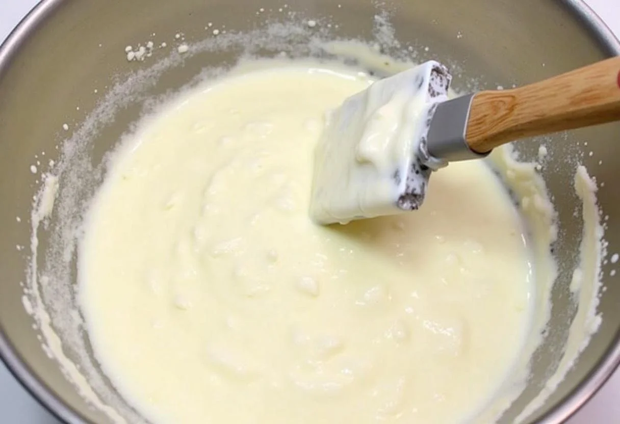 Mistura de farinha sendo adicionada ao bolo de iogurte para uma receita saborosa.