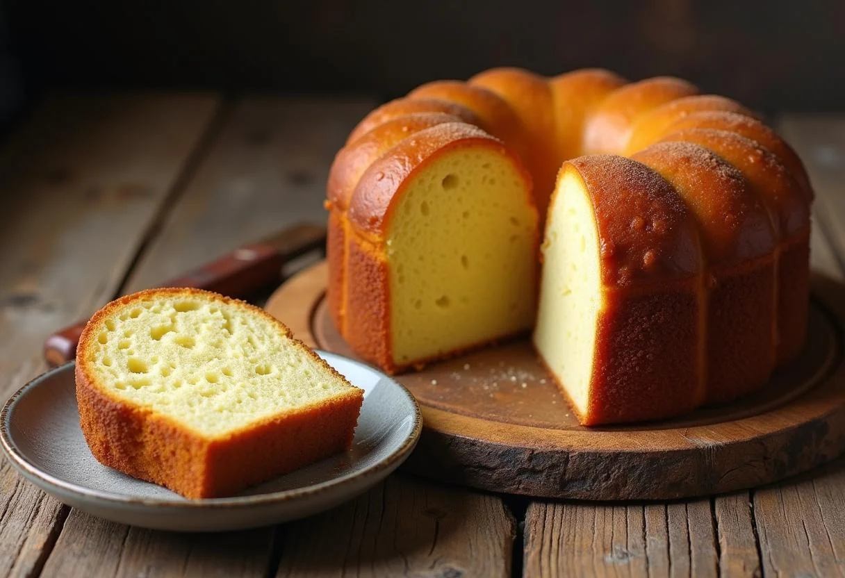 Bolo de levedo recém-assado, com textura fofa e servido em uma mesa rústica.