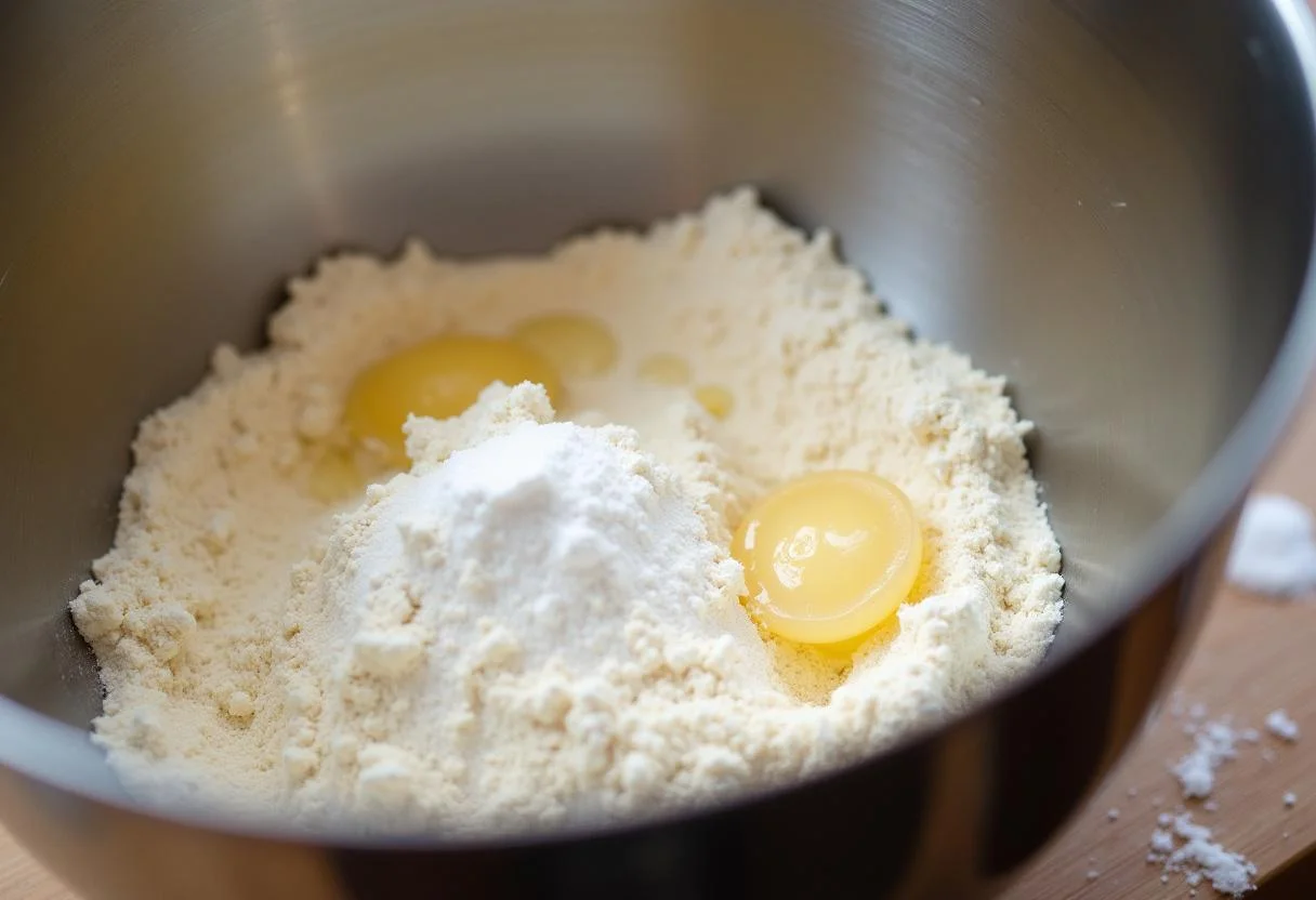Ingredientes para bolo de levedo, incluindo farinha, açúcar e sal preparados em uma tigela.