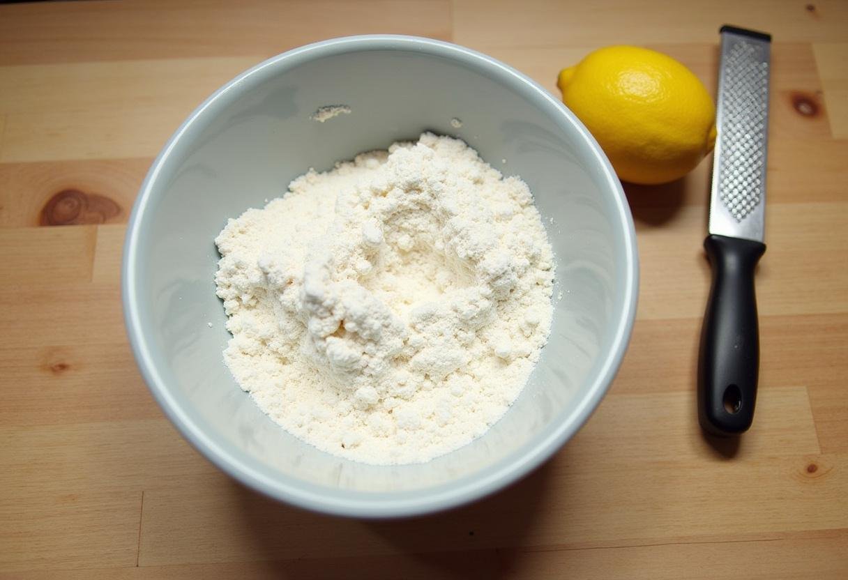 Ingredientes para bolo de limão úmido: farinha, açúcar e fermento em pó.