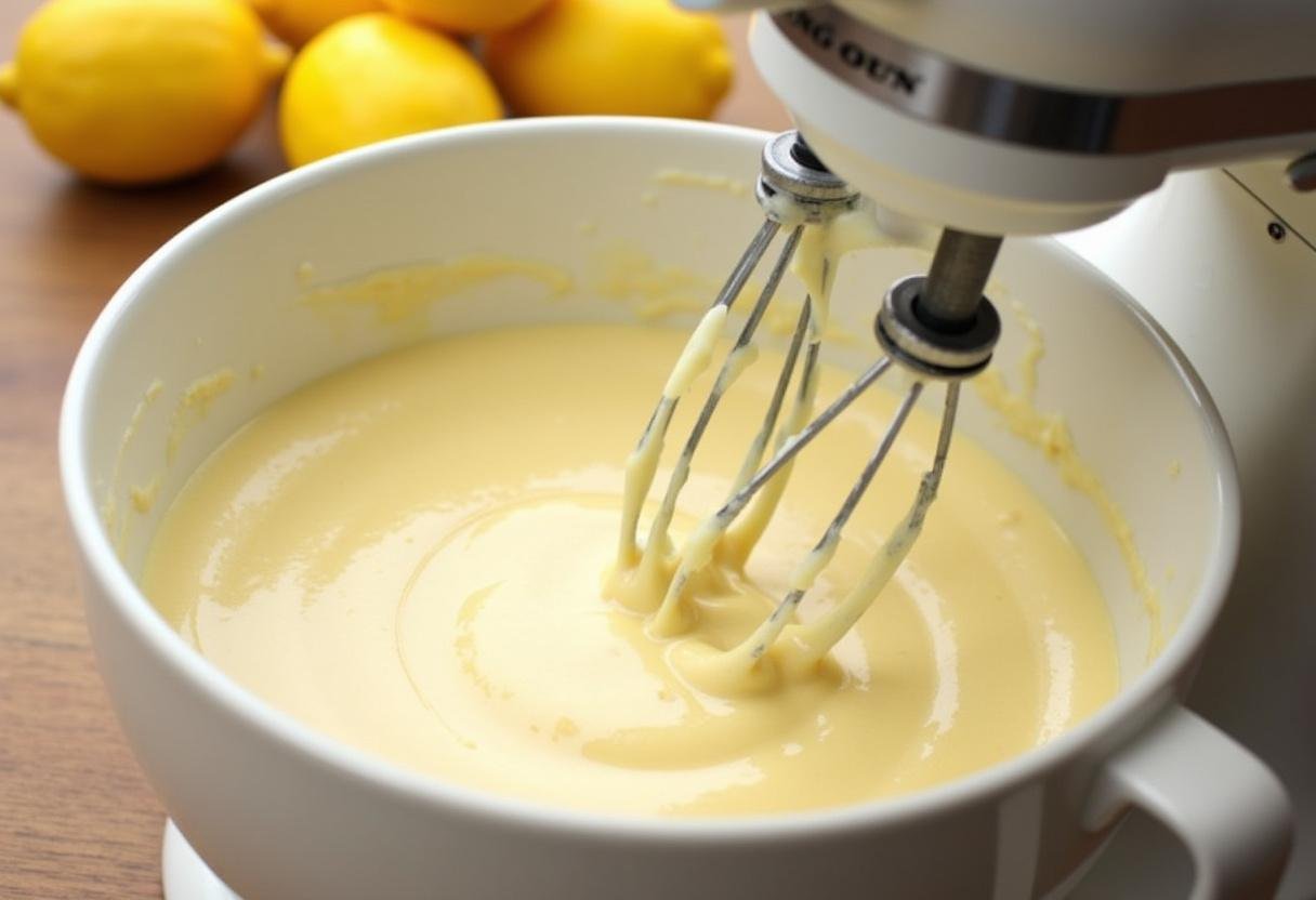 Massa cremosa de bolo de limão úmido sendo preparada com manteiga e açúcar.