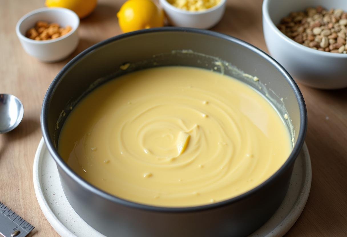 Massa de bolo de limão úmido sendo colocada em uma forma antes de assar.