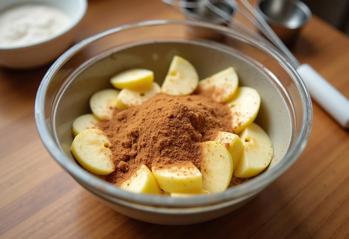 Fatias de maçãs com canela e açúcar, preparação do bolo de maçã e canela fofo.
