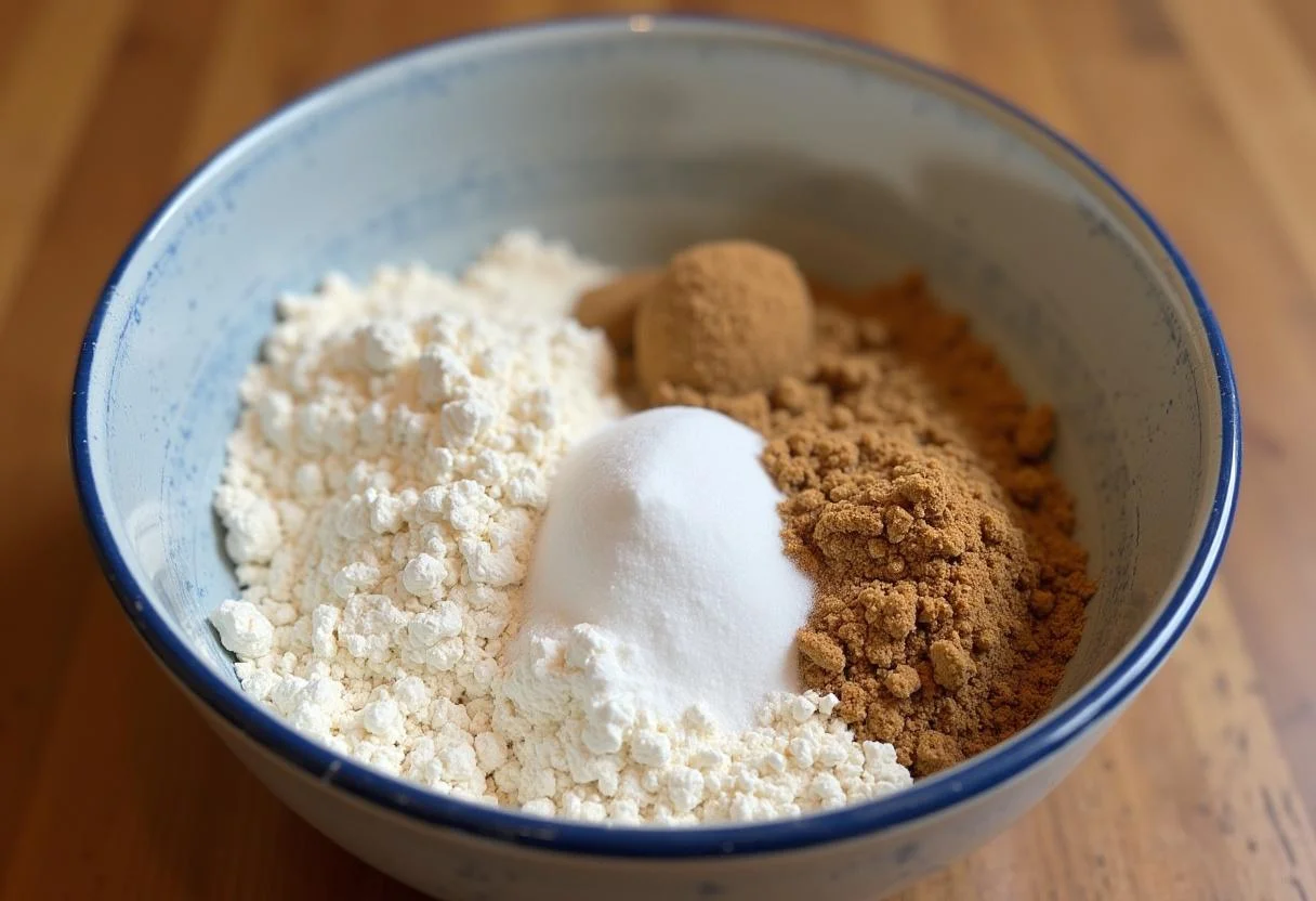 Mistura de farinha, nozes moídas e açúcar para a receita de bolo de nozes.