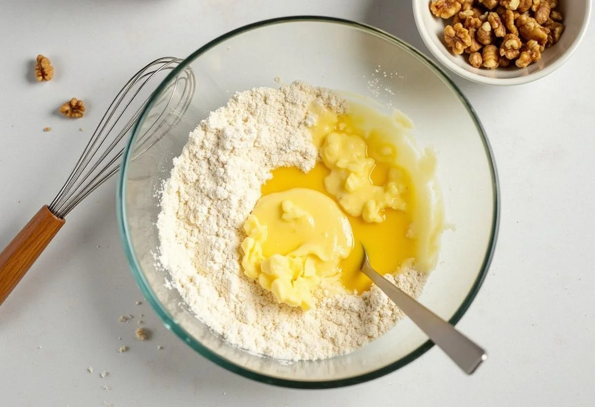 Manteiga derretida sendo misturada com ingredientes secos para a receita de bolo de nozes.