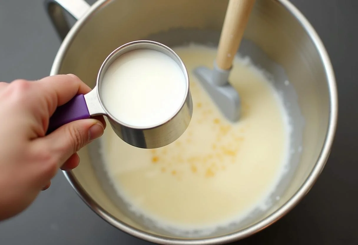 Leite sendo adicionado à mistura para bolo de nozes para uma receita perfeita.