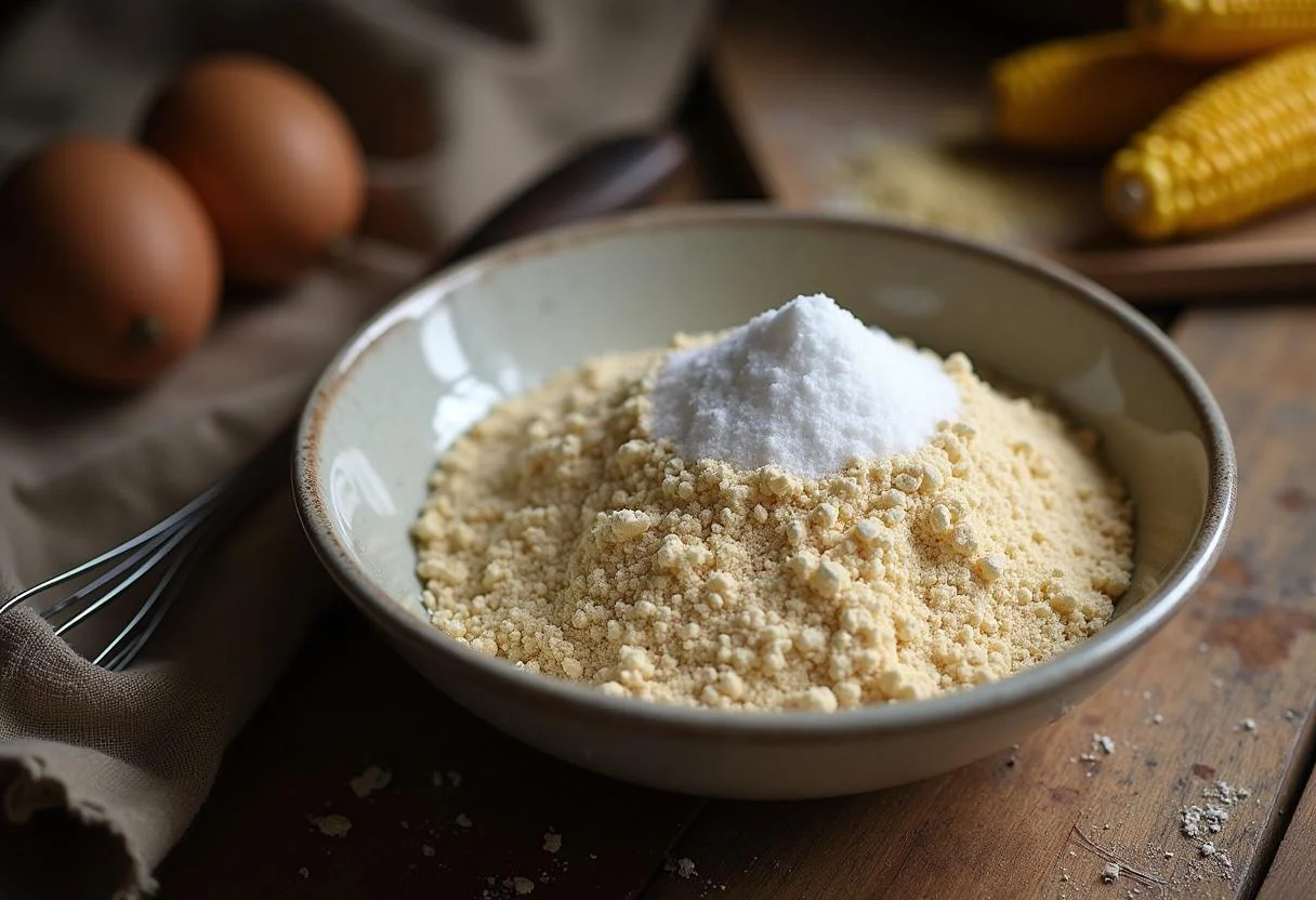 Ingredientes para broa de milho em uma mesa rústica, apresentando farinha de milho e açúcar.