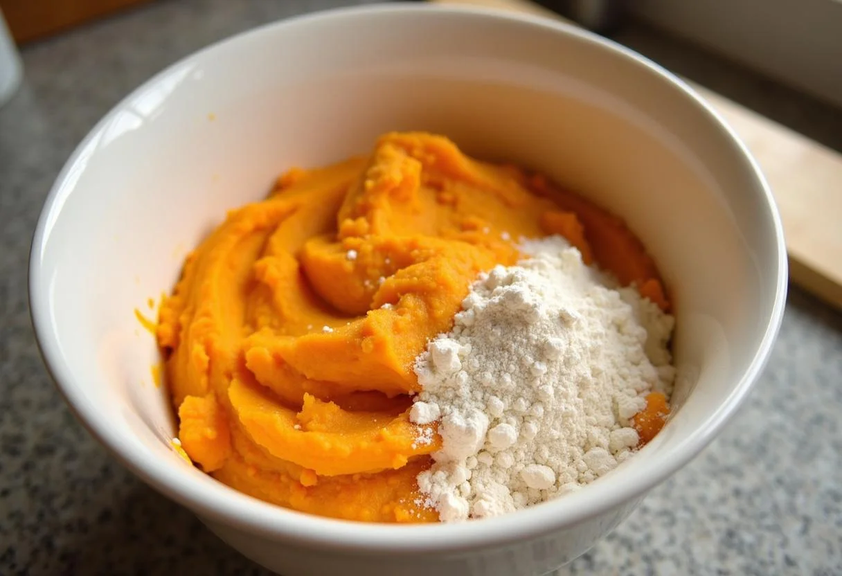 Ingredients for making broas de batata doce including mashed sweet potatoes, flour, sugar, and baking powder.